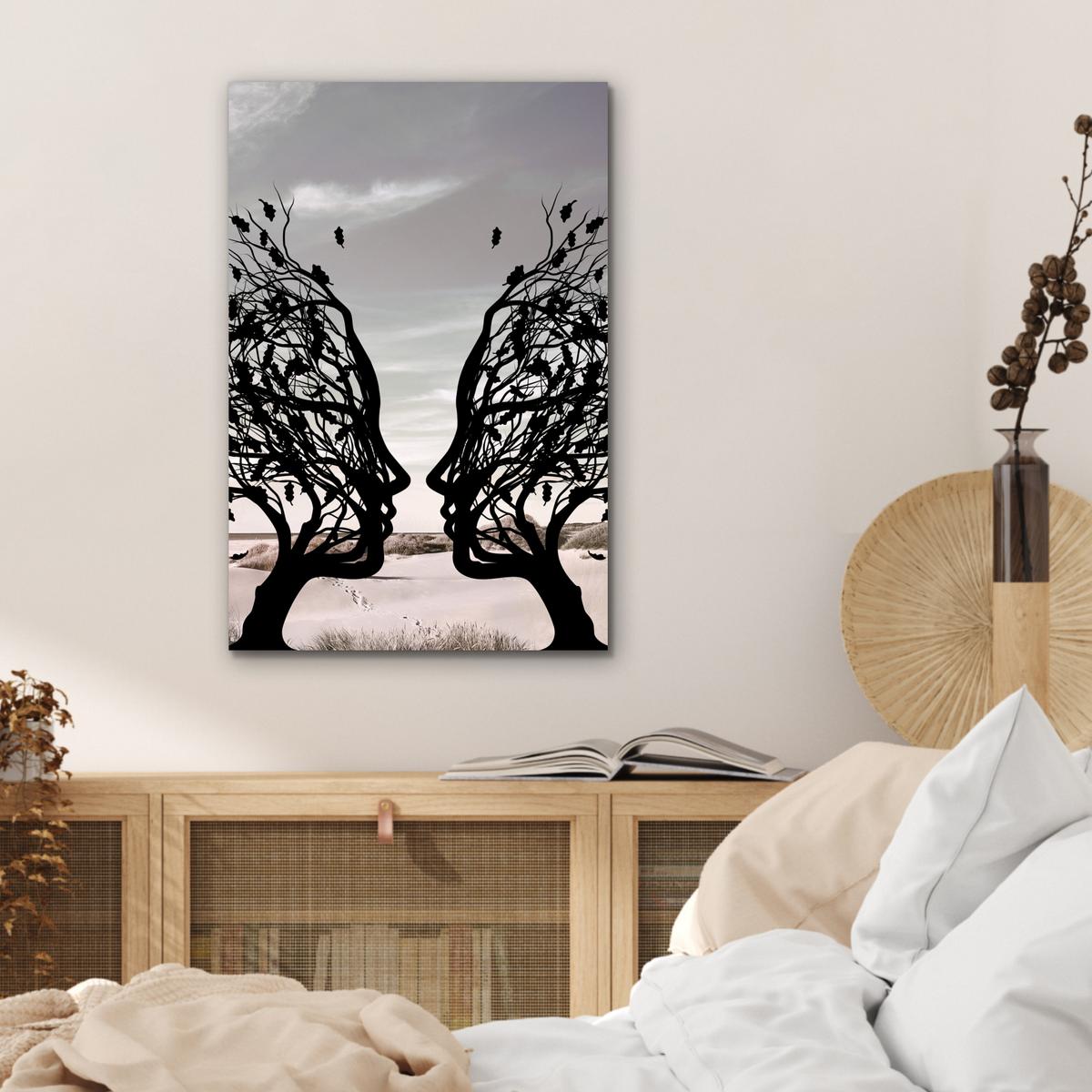 METALLBILD Strand - Meer - Menschen - Baum - Moderne Kunst Deko Schlafzimmer 40x60 cm - Hellgrau, Metall (40/60cm) - MuchoWow