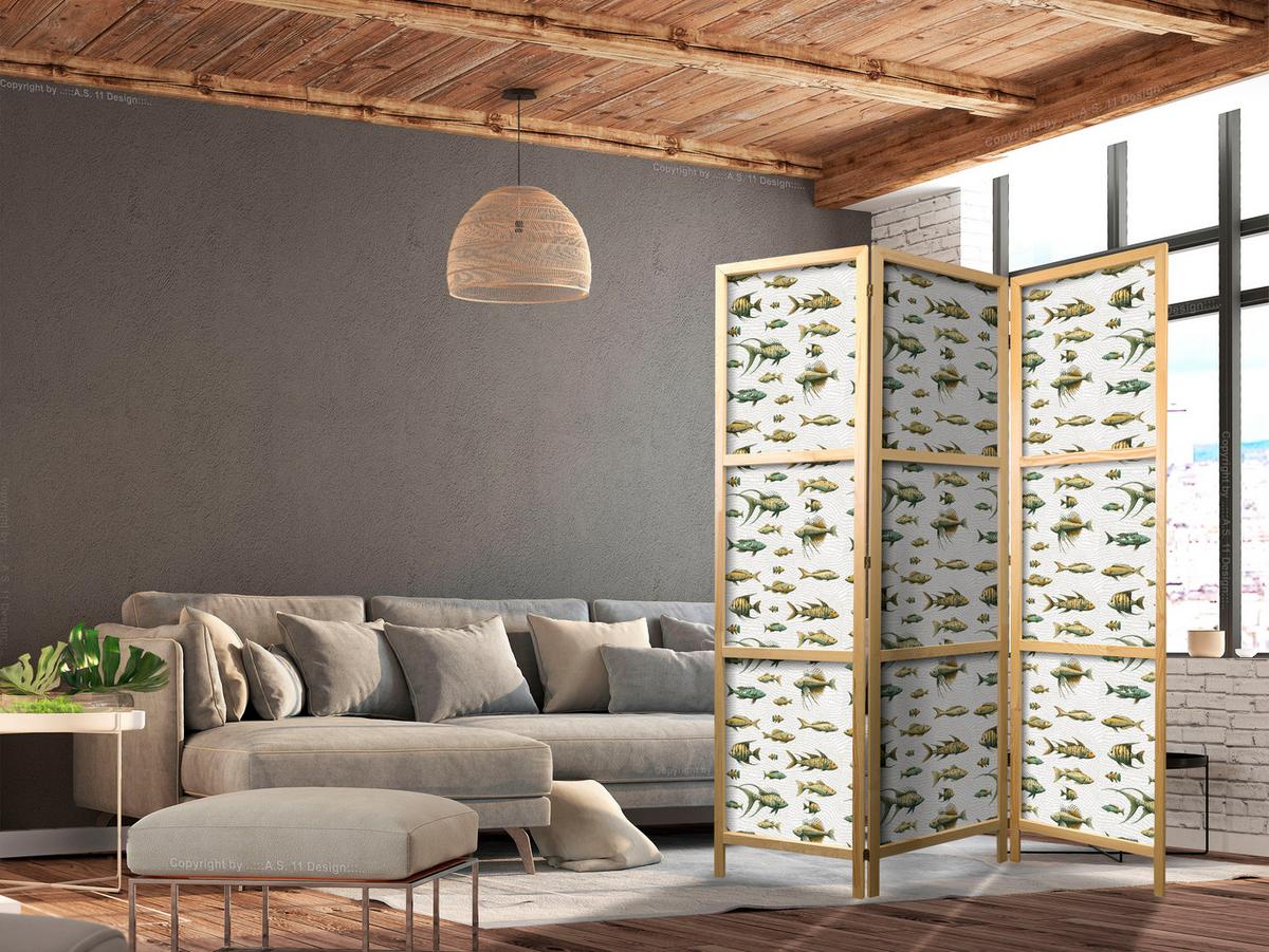 PARAVENT Japanischer 3-tlg 135x172 cm bunte Fische - Grün, Holz/Textil (135/172/3cm) - Muralo