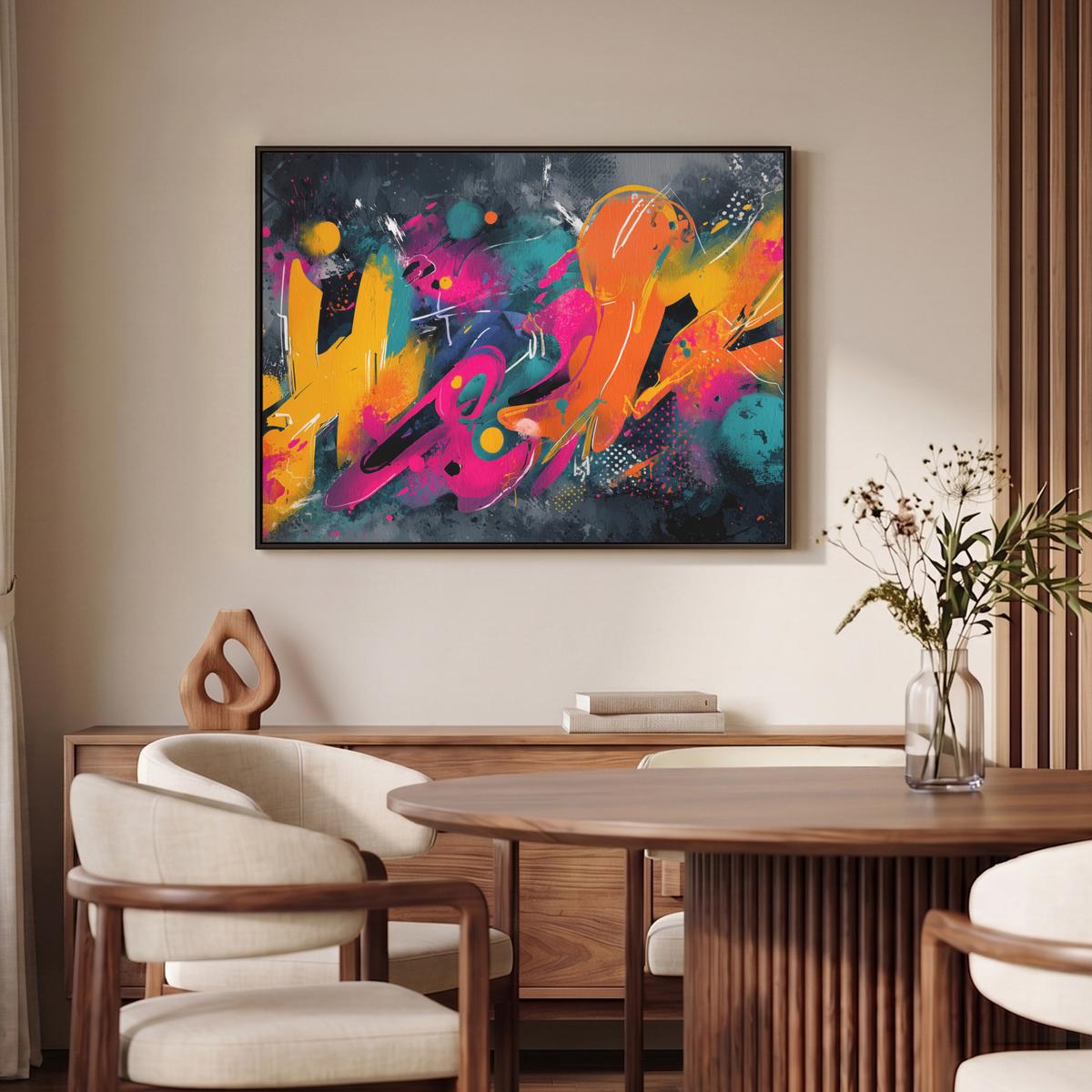 LEINWAND Bilder mit Rahmen - Abstrakt - Graffiti - Farbenfroh - Farbspritzer - 100x70 - Multicolor, Textil (100/70cm) - MuchoWow