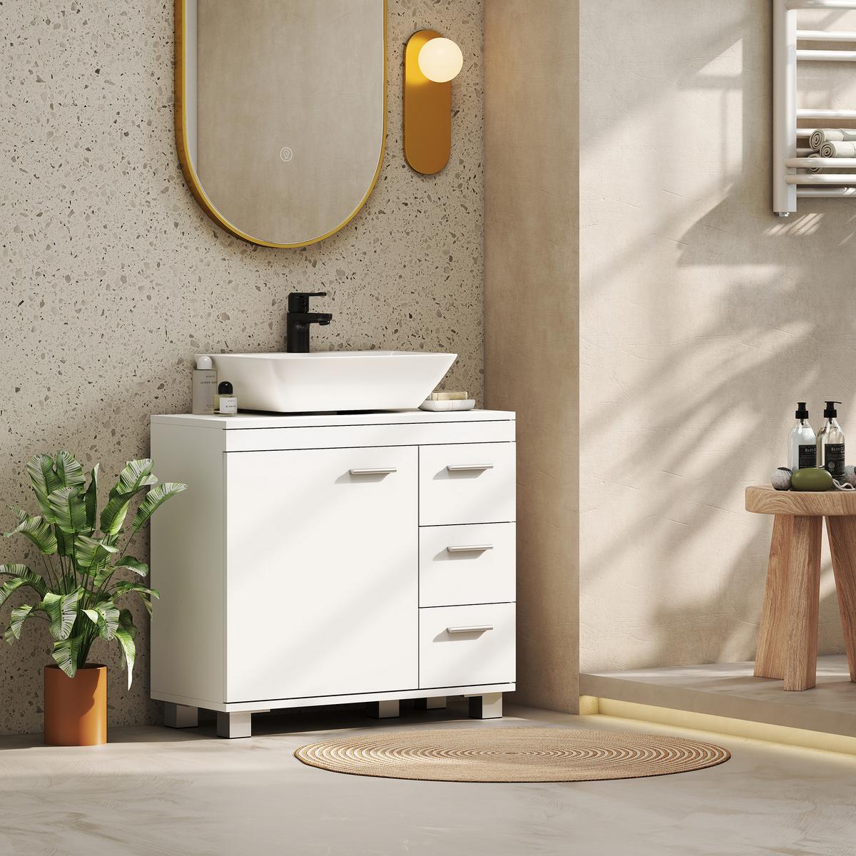 WASCHBECKENUNTERSCHRANK MDF Weiß - Silberfarben/Weiß, Holzwerkstoff/Kunststoff (30/64/70cm) - HOMCOM
