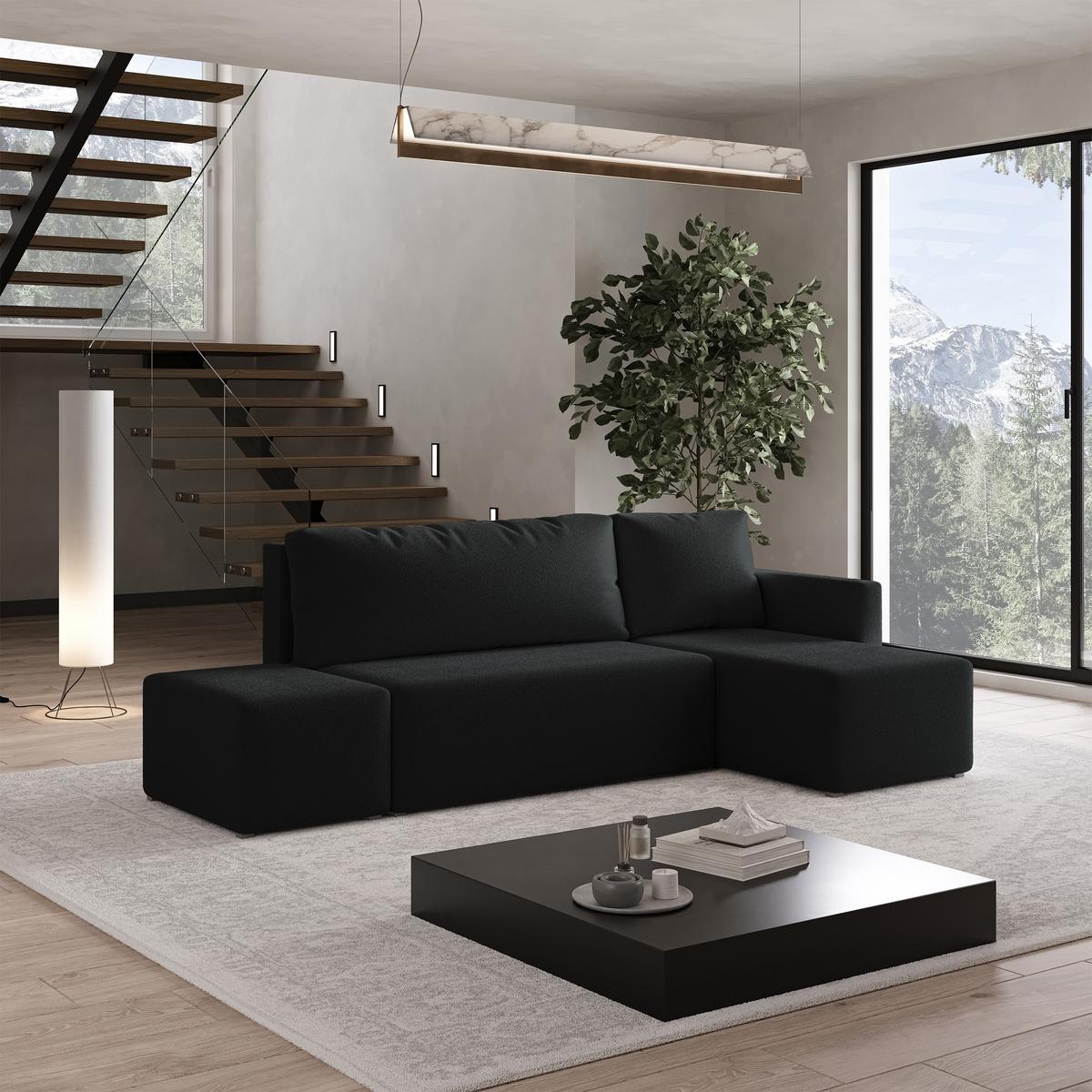 ECKSOFA VELOTTI R-S Schwarz Boucle-Stoff mit Schlaffunktion - Schwarz, Holz (261/143cm) - MASSENO