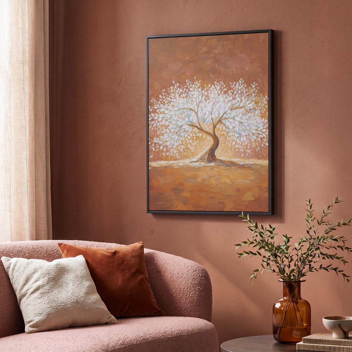 LEINWAND Bilder mit Rahmen - Abstrakt - Baum - Weiß - Blätter - 70x100 - Braun, Textil (70/100cm) - MuchoWow