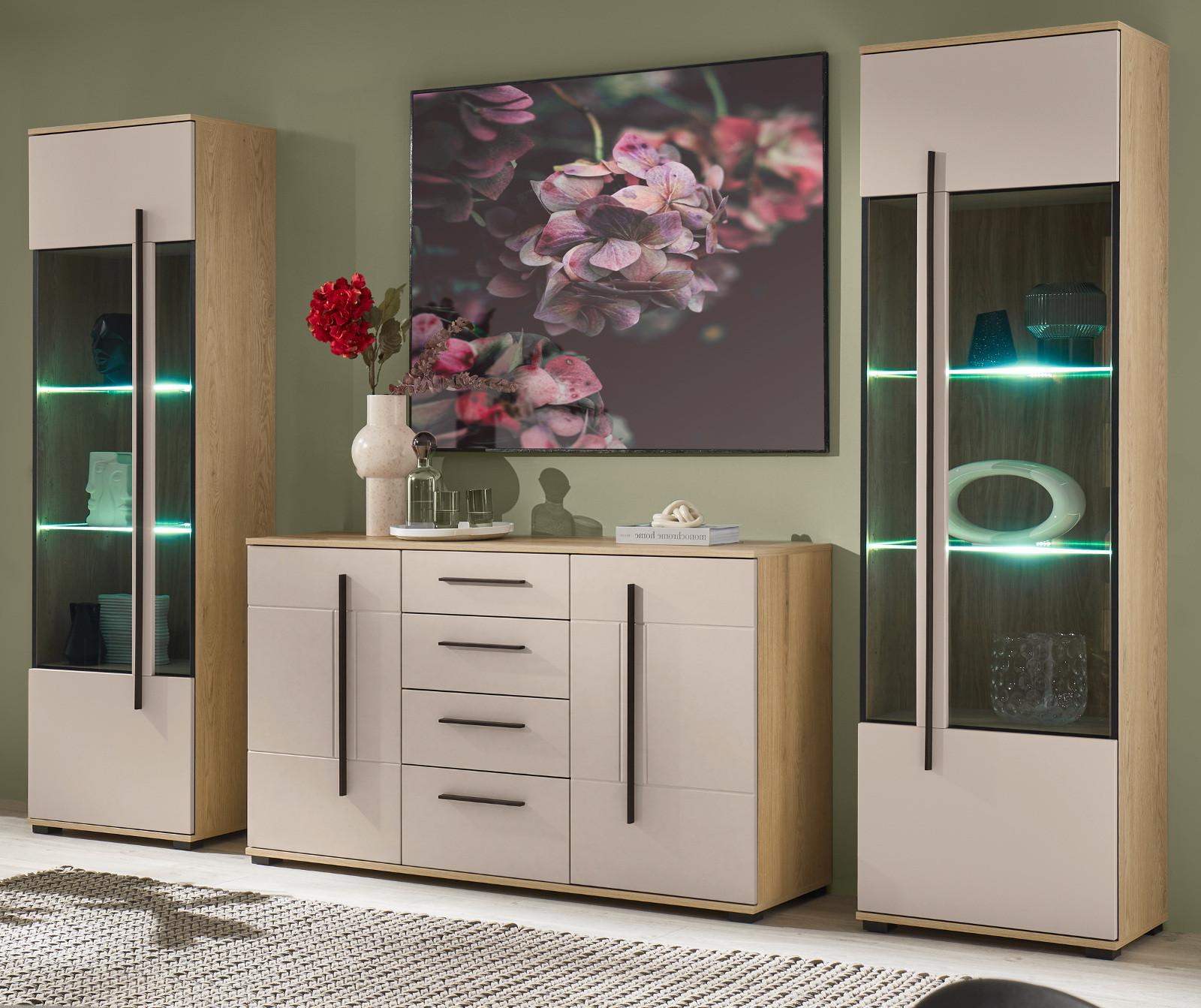 WOHNWAND Kaschmir, Eiche 3-teilig 290 cm, Wohnzimmer Set mit Soft-Close - Kaschmir/Eichefarben, Glas/Holzwerkstoff (290/200/42cm) - Furn.Design