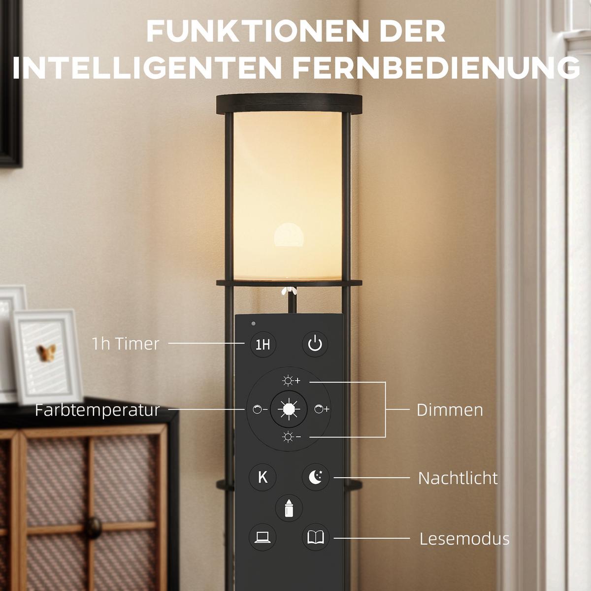 STEHLAMPE mit 3 runden Regalen, 3 Lichtfarben, Fußschalter - Schwarz, Holzwerkstoff (29/29/158cm) - HOMCOM