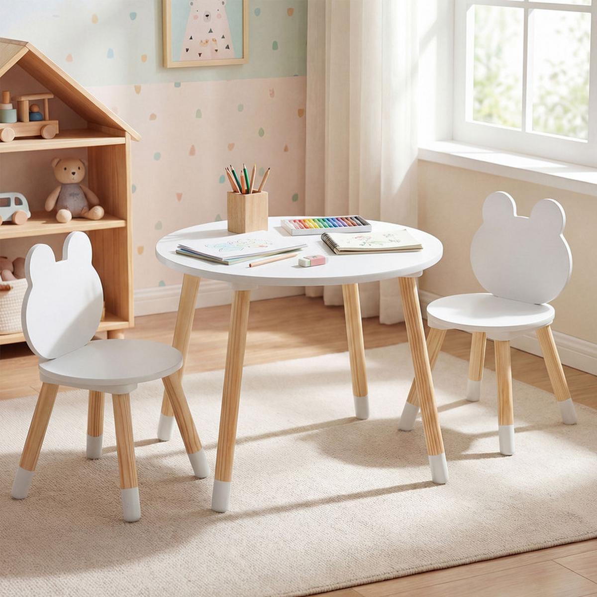 KINDERTISCH mit stuhl weiß(3-tlg) - Weiß/Naturfarben, Holzwerkstoff (60/44/60cm) - COSTWAY