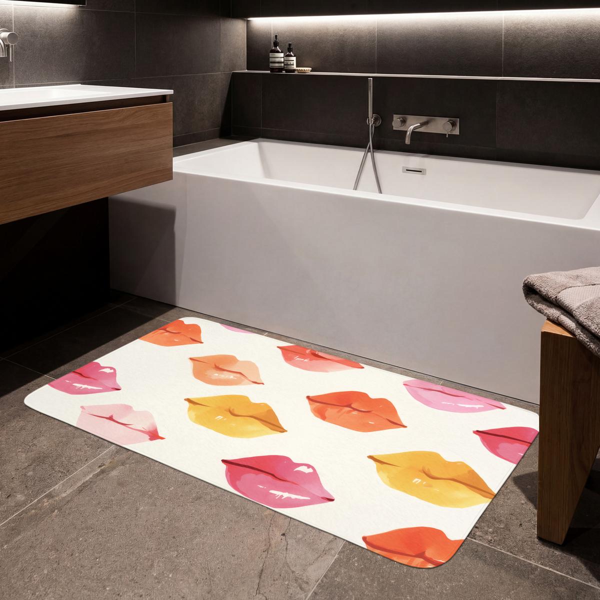 BADEMATTE Lippen - Bunt - Glänzend 120x60 cm - Rosa, Textil (120/60cm) - OnlyWow