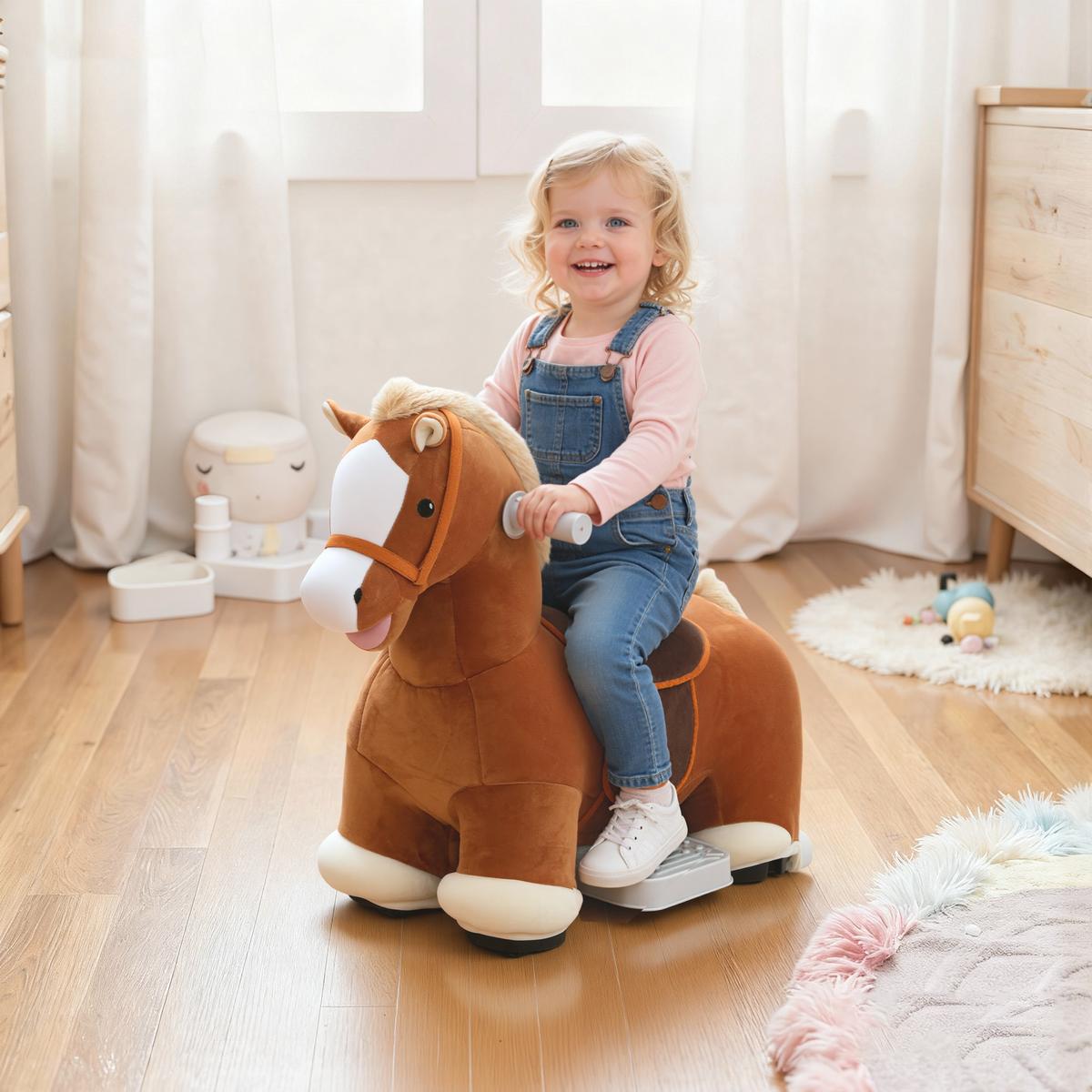 KINDER Elektroauto in Pferdform, 6V Kinderfahrzeug mit Musik, Fußpedal Braun - Braun, Textil (74/34/51cm) - AIYAPLAY