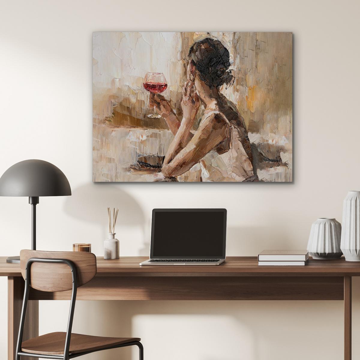 METALLBILD Ölgemälde - Frau - Wein 80x60 cm - Hellbraun, Metall (80/60cm) - MuchoWow