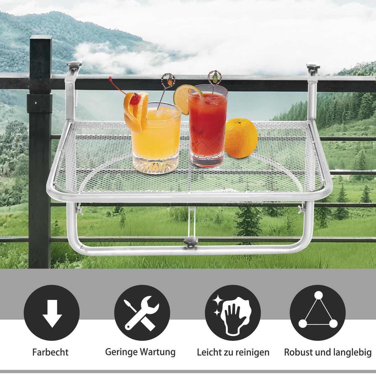 BALKONHÄNGETISCH Gartentisch höhenverstellbar rechteckig Terrasse Beistelltisch - Weiß, Metall (60/56/50cm) - Outsunny