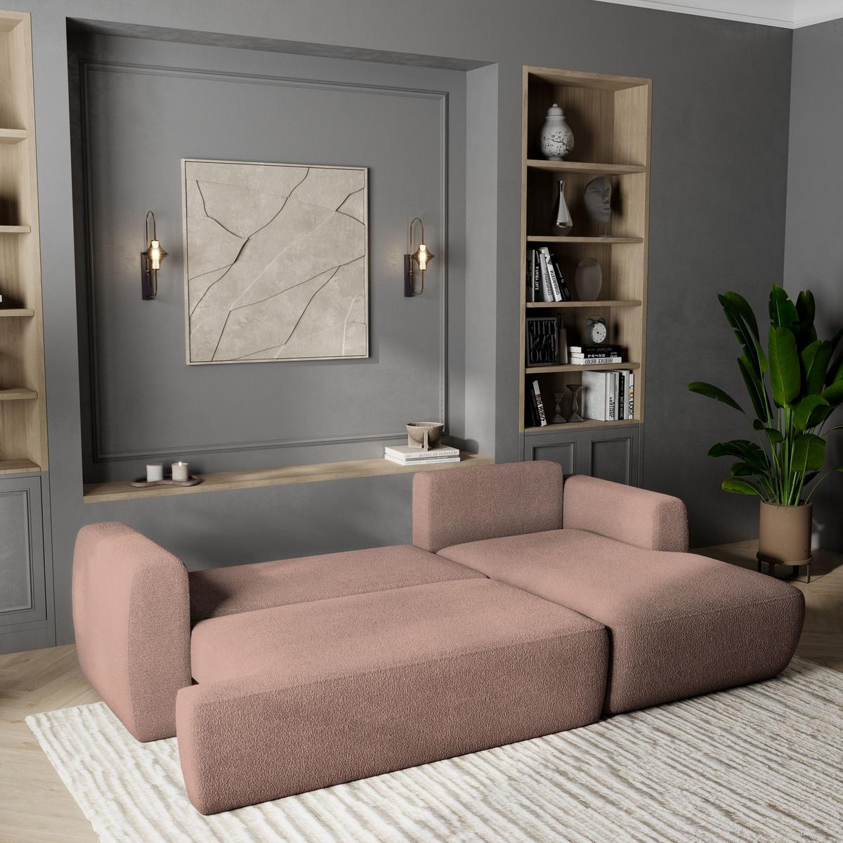 ECKSOFA SENTI N R-S Rosa Boucle-Stoff mit Schlaffunktion - Schwarz/Rosa, Holz/Kunststoff (246/148cm) - MASSENO