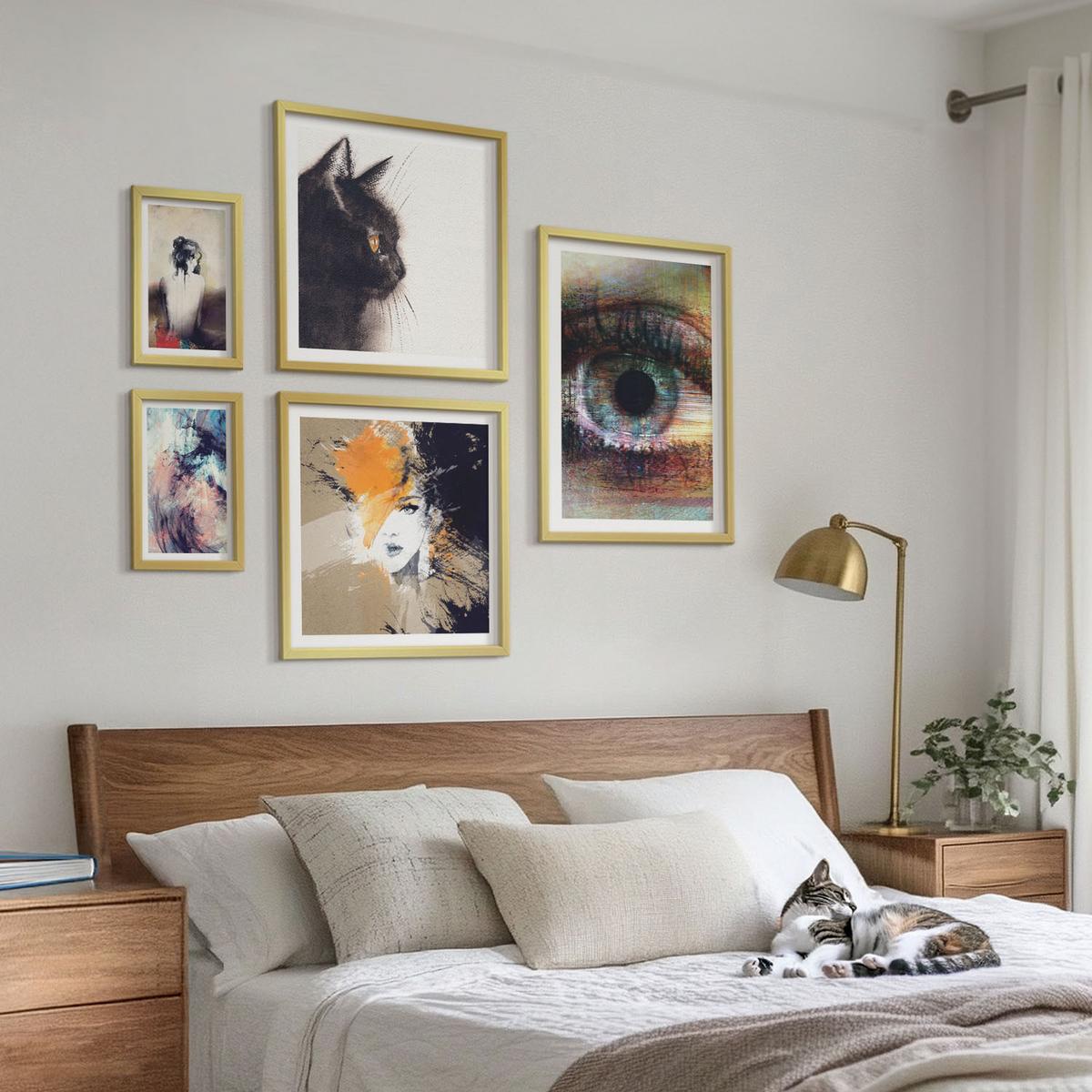 BILDER SET 5er Set - 50x50 cm & 20x30 cm & 40x60 cm Goldrahmen - Gelbgrau-braune Wellen - Goldfarben, Kunststoff (40/60cm) - TULUP