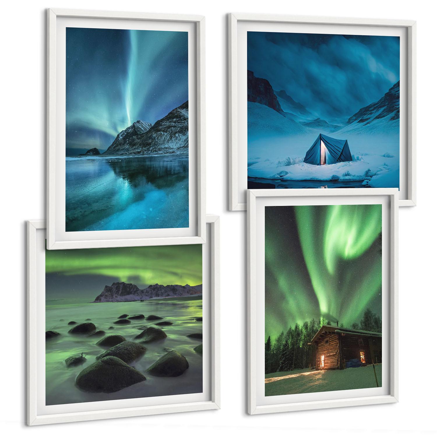 BILDER SET 4er Set - 50x50 cm & 40x60 cm Weißer Rahmen - Winterlandschaften, Nordlichter, Berge - Weiß, Kunststoff (50/50cm) - TULUP