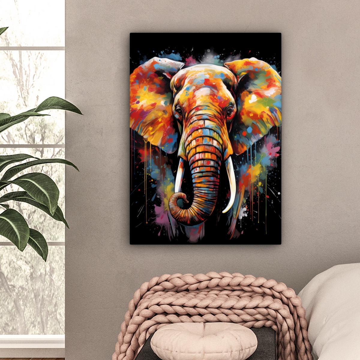 LEINWANDBILD Elefant - Graffiti - Schwarz - Tiere - Farben Wandbild Wohnzimmer 60x80 cm - Schwarz, Textil (60/80cm) - MuchoWow