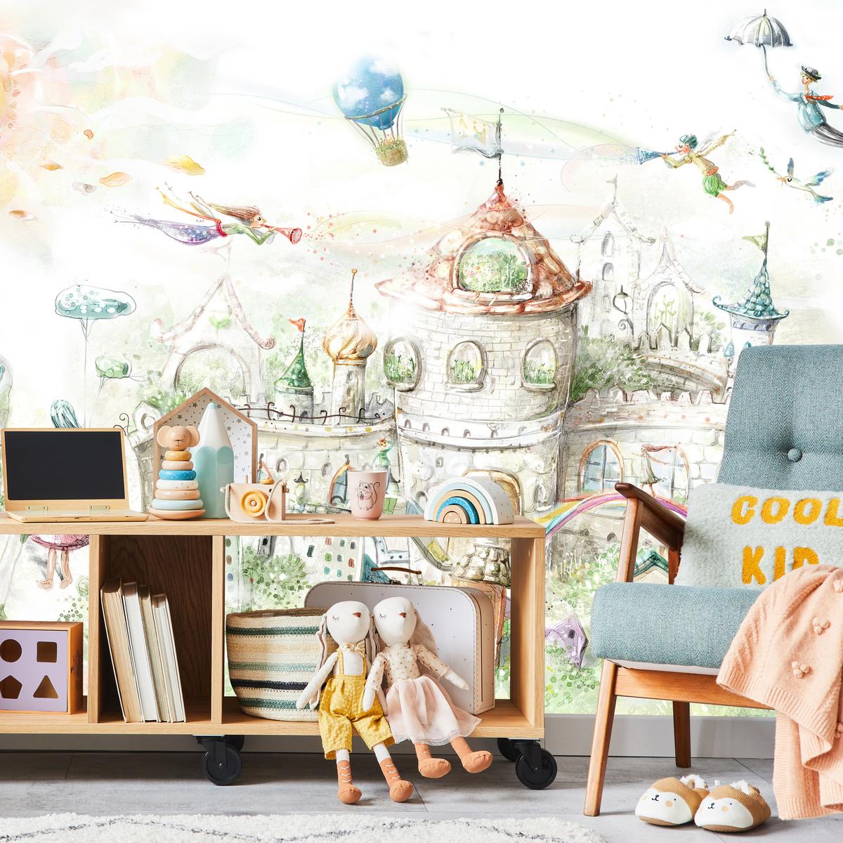 FOTOTAPETE für Kinderzimmer Märchenstadt Schloss Magisch 400x280 - Blau/Gelb, Papier (400/280cm) - Muralo