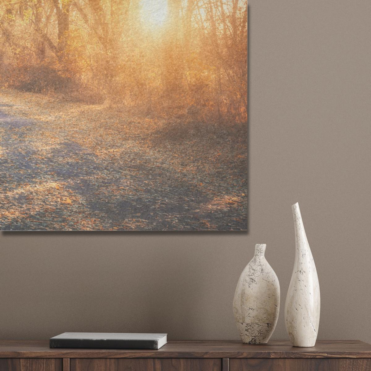 AKUSTIKBILD Wald - Herbst - Bäume - Waldweg - Natur Wandbild Wohnzimmer 100x70 cm - Bernsteinfarben, Kunststoff (100/70/0.9cm) - MuchoWow