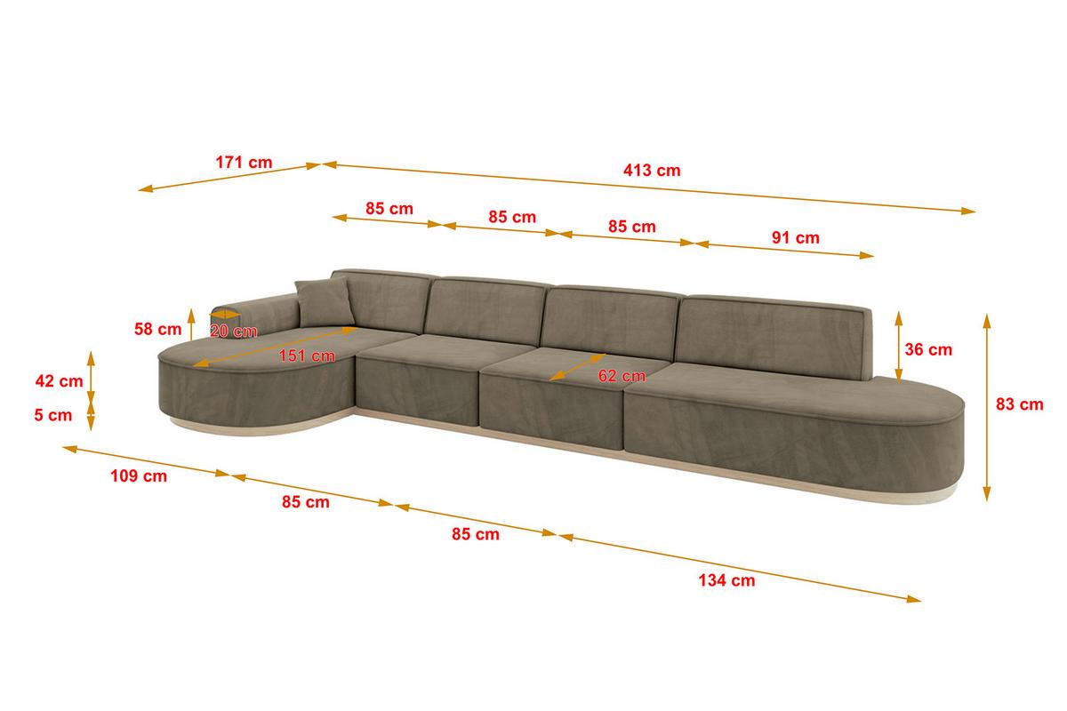 ECKSOFA Ottomane Links MARI-L3-v1 - 413x171x83 cm Dunkelbraun Velours - Dunkelbraun, Holzwerkstoff/Textil (413/171cm) - ALTDECOR