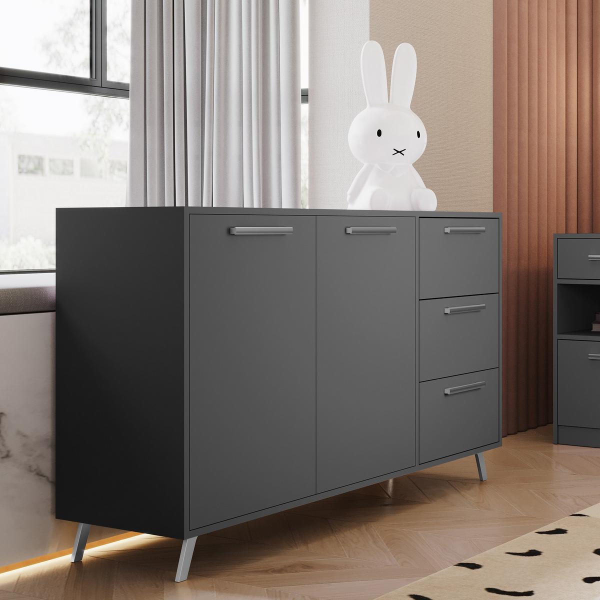 KOMMODE ELISE 140/86/41cm mit 3 Schubladen 2 Türen Graphitfarben - Graphitfarben, Holzwerkstoff (140/86/41cm) - MASSENO