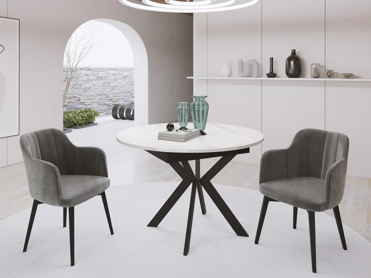 ESSTISCH Lily runder ausziehbarer, Marmor Weiß 100-140/100/76 cm - Ecru/Schwarz, Holzwerkstoff/Metall (100/100/76cm) - WFL GROUP