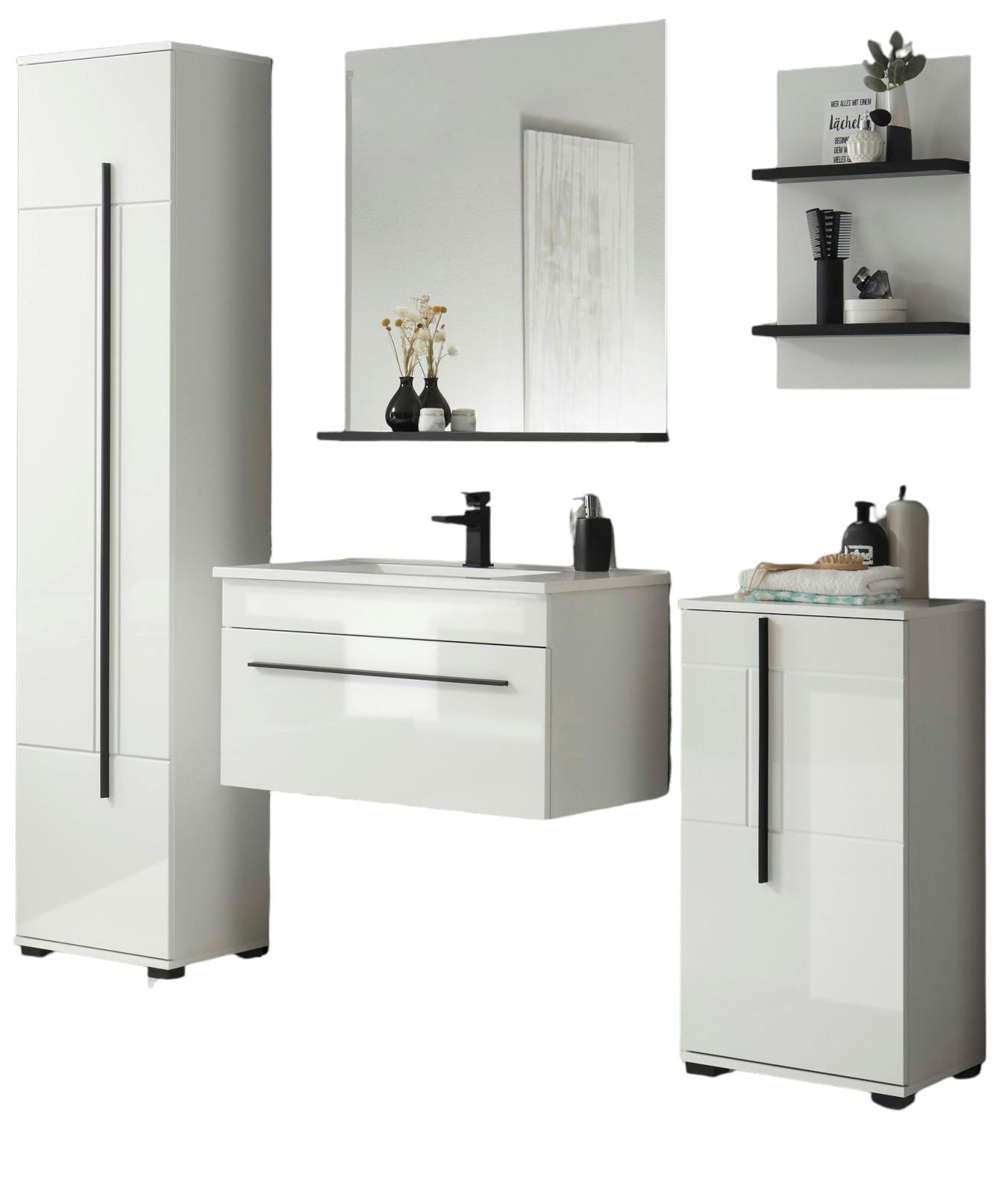 BADMÖBEL-SET weiß Hochglanz schwarz, Badkombination MIT Waschbecken, 190 x 200 cm - Weiß Hochglanz/Schwarz, Holzwerkstoff/Kunststoff (190/200/45cm) - Furn.Design
