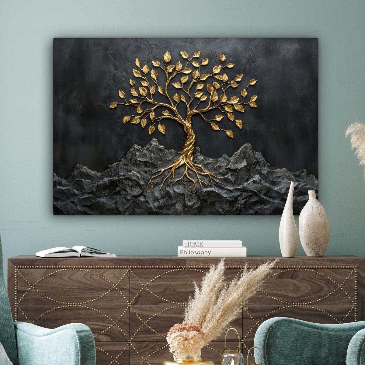 LEINWANDBILD Blätter - Gold - Baum - Fels Groß 140x90 cm - Schwarz, Textil (140/90cm) - MuchoWow