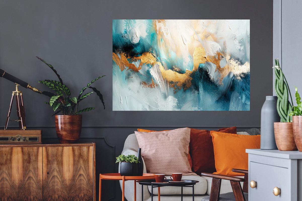 WANDTATTOO Abstrakt - Kunst - Gold - Blau Wandsticker 120x80 cm - Petrol, Kunststoff (120/80/0.1cm) - MuchoWow