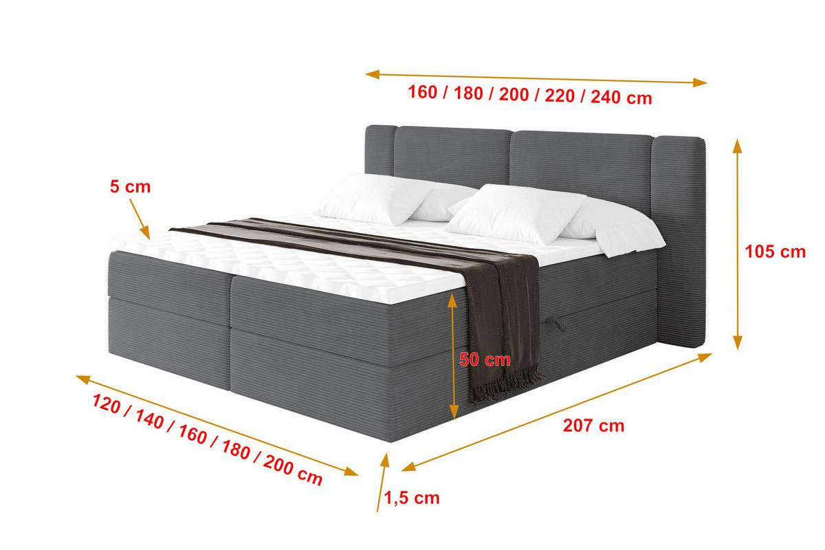 BOXBETT mit Matratze H4 - EVON - 180x200 cm Dunkelgrau - Graphitfarben, Holzwerkstoff (180/200cm) - ALTDECOR