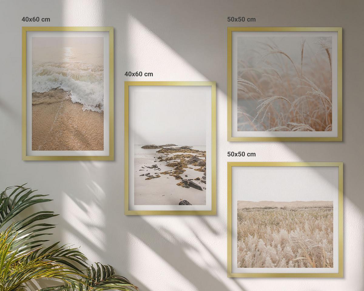 BILDER SET 4er Set - 50x50 cm & 40x60 cm Goldrahmen - Strandwellen, Steine, Sommer - Goldfarben, Kunststoff (50/50cm) - TULUP