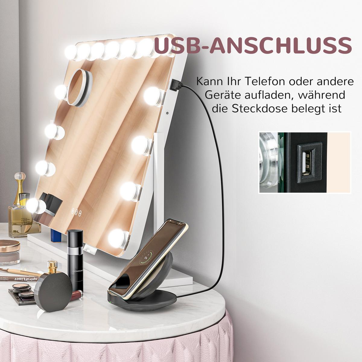 HOLLYWOOD Spiegel mit Beleuchtung 62,5 x 52 cm Schminkspiegel mit 15 LED Licht - Weiß, Metall (62.5/52/14cm) - HOMCOM