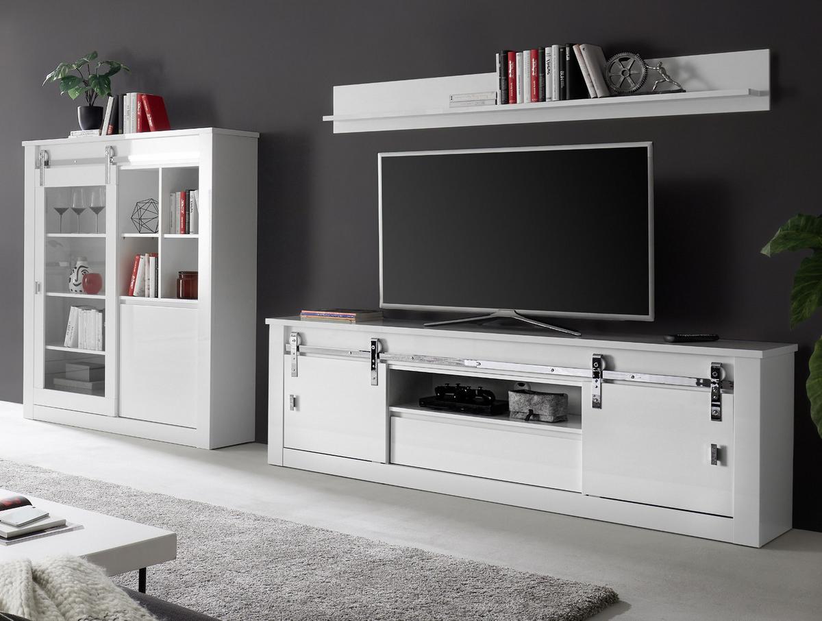 WOHNWAND weiß Hochglanz 3-teilig 349 x 170 cm, Wohnkombination inklusive LED-Beleuchtung, Soft-Close - Chromfarben/Weiß Hochglanz, Glas/Holzwerkstoff (349/170/43cm) - Furn.Design