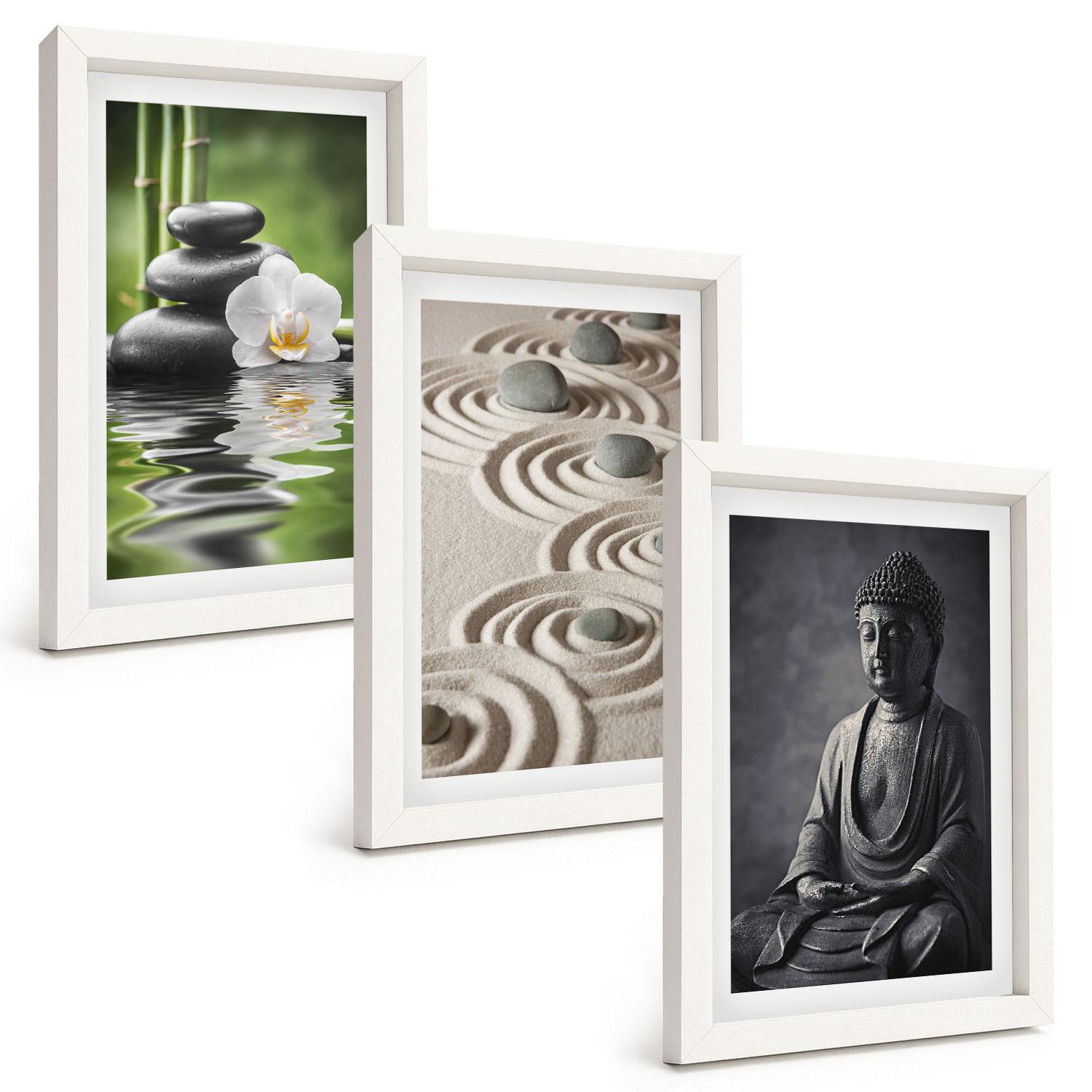 BILDER SET 3er Set - 20x30 cm Weißer Rahmen - Entspannender Blick auf den Zen-Buddha - Weiß, Kunststoff (20/30cm) - TULUP