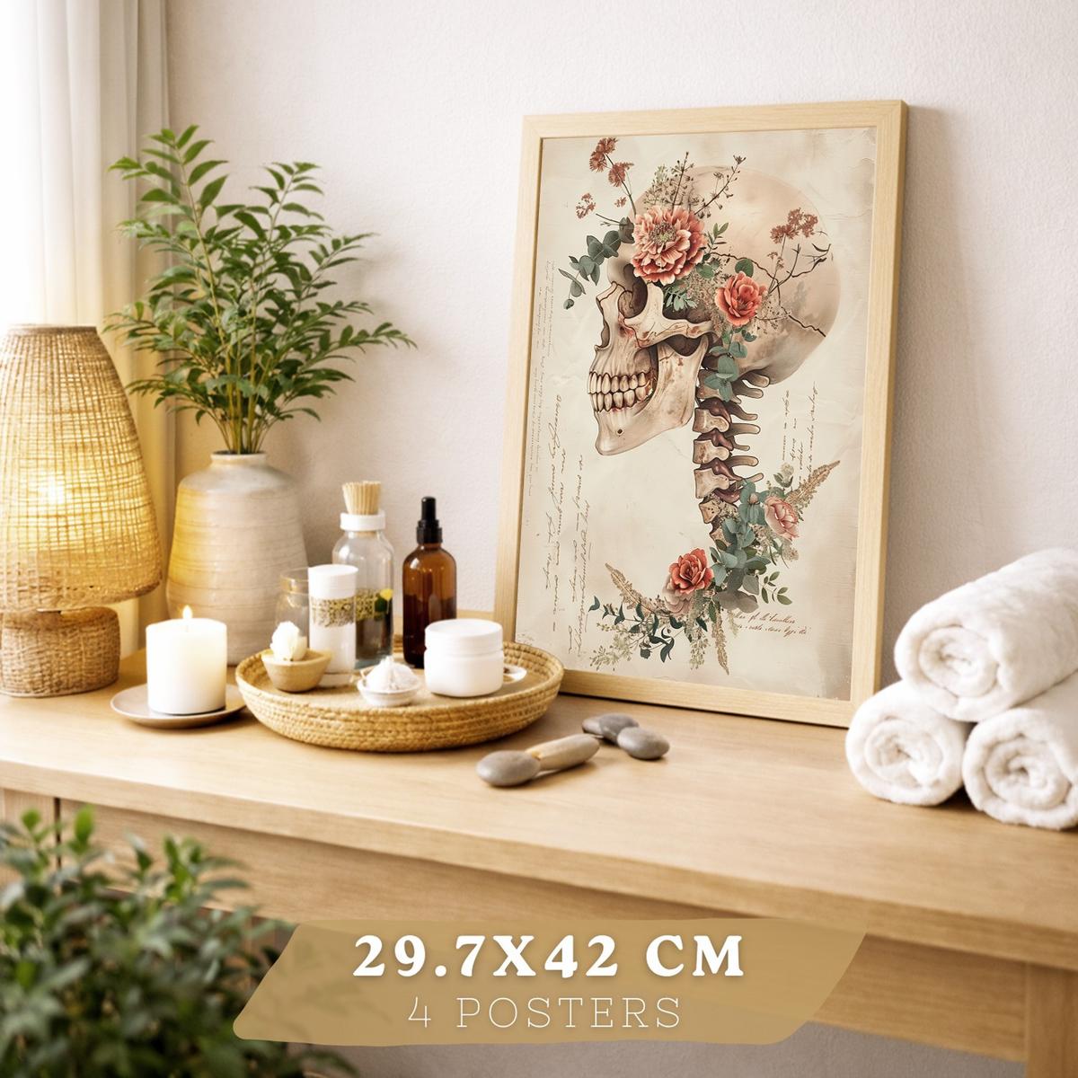 POSTER Set aus 4 Vintage Anatomie Drucke und Wandbilder mit Blumen Herz Lungen Schädel und Gehirn Wanddekoration Größe Leichter Holzrahmen A3 - Beige, Papier (29.7/42/3cm) - Nacnic
