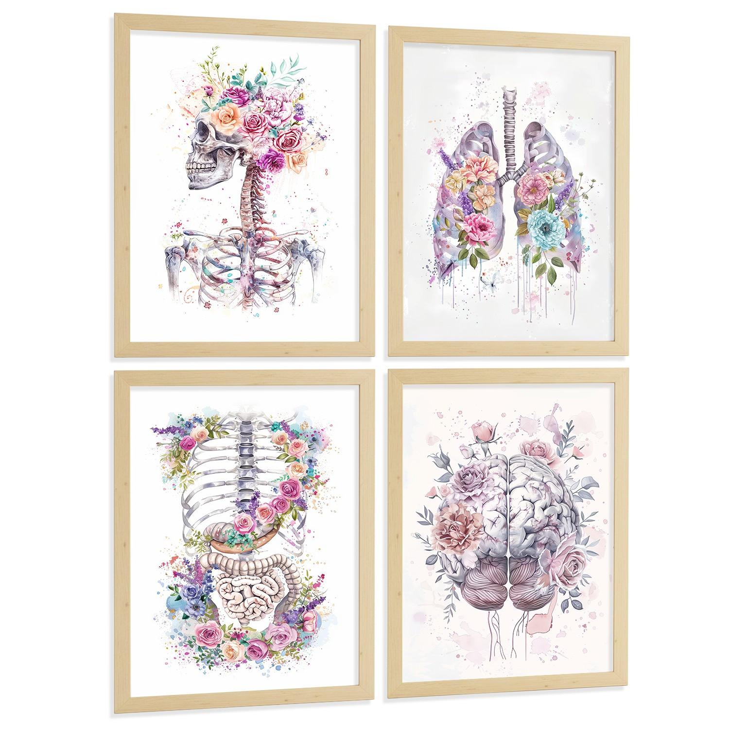 POSTER Set aus 4 Anatomie Mensch Drucke und mit Schädel Lungen Verdauungssystem und Gehirn Florales Aquarell Design Größe Leichter Holzrahmen A4 - Beige, Papier (21/29.7/3cm) - Nacnic