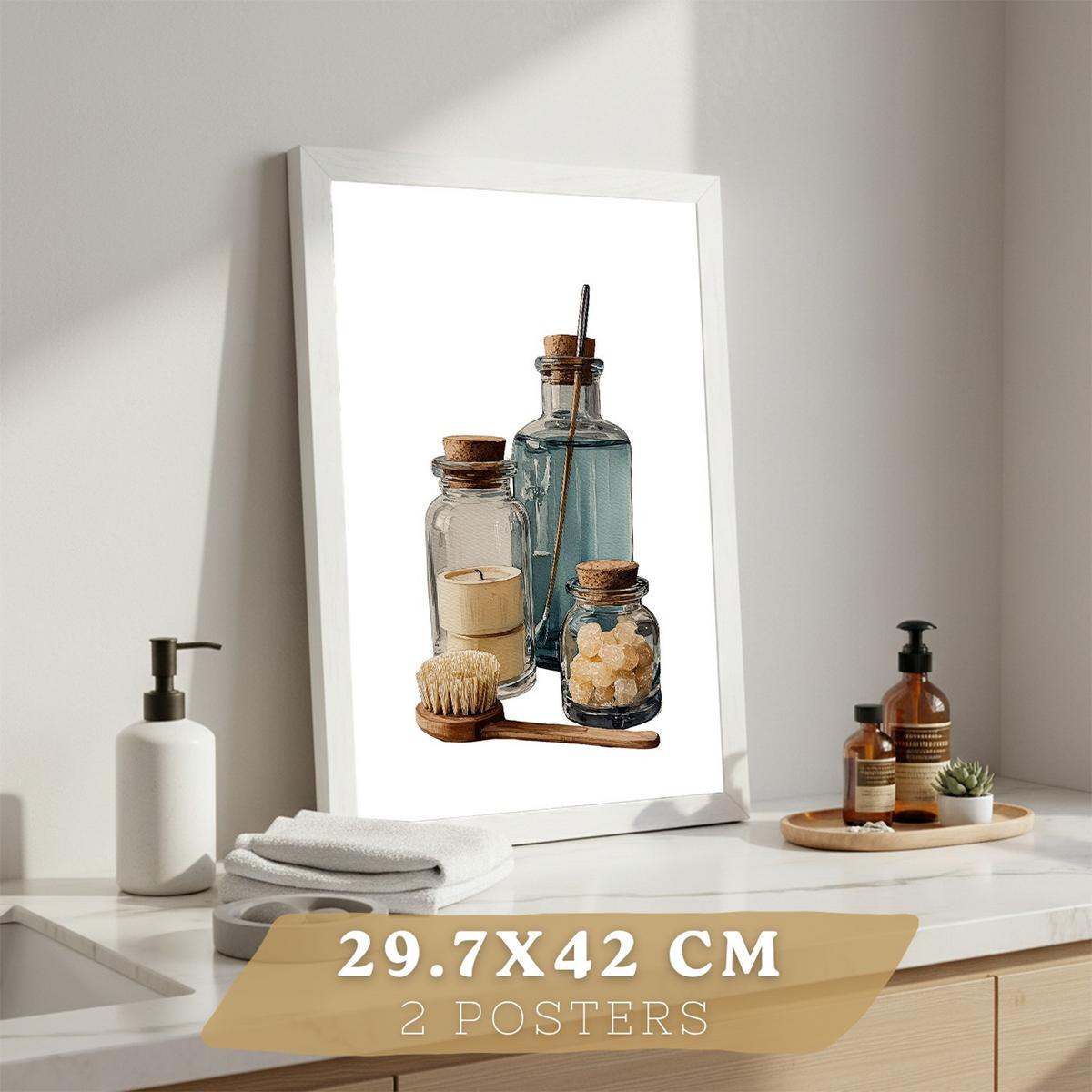 POSTER 2er-Set dekorative Badezimmer-Poster, minimalistische Wandbilder für Waschbecken, moderne Dekoration mit Blumen und Flaschen Weißer Rahmen A3 - Weiß, Papier (42/29.7/3cm) - Nacnic