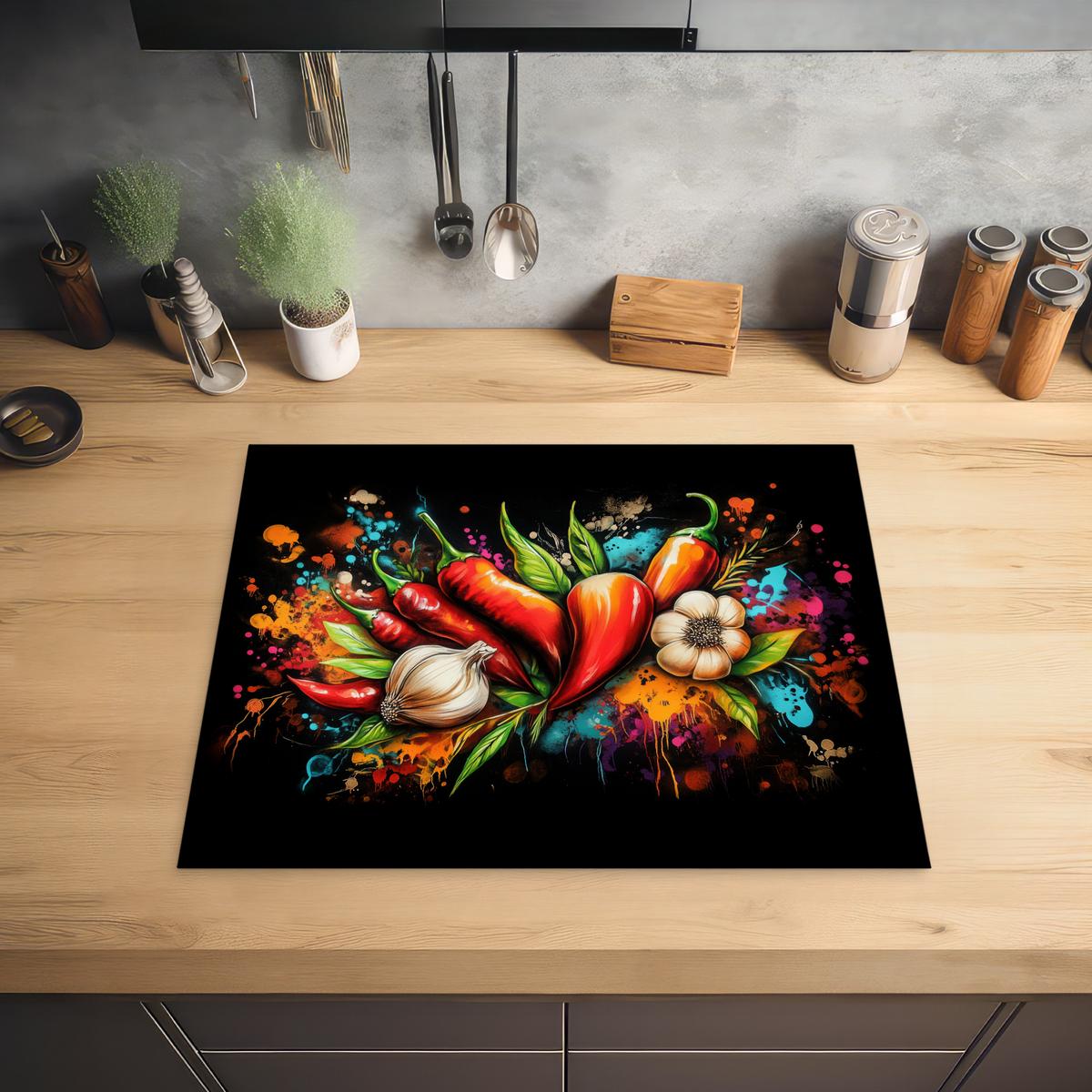 HERDABDECKPLATTE Gemüse - Paprika - Knoblauch - Graffiti - Farbe - Bunt Herdabdeckung Induktionsfeld 65x52 cm - Rot, Kunststoff (65/52/0.2cm) - MuchoWow