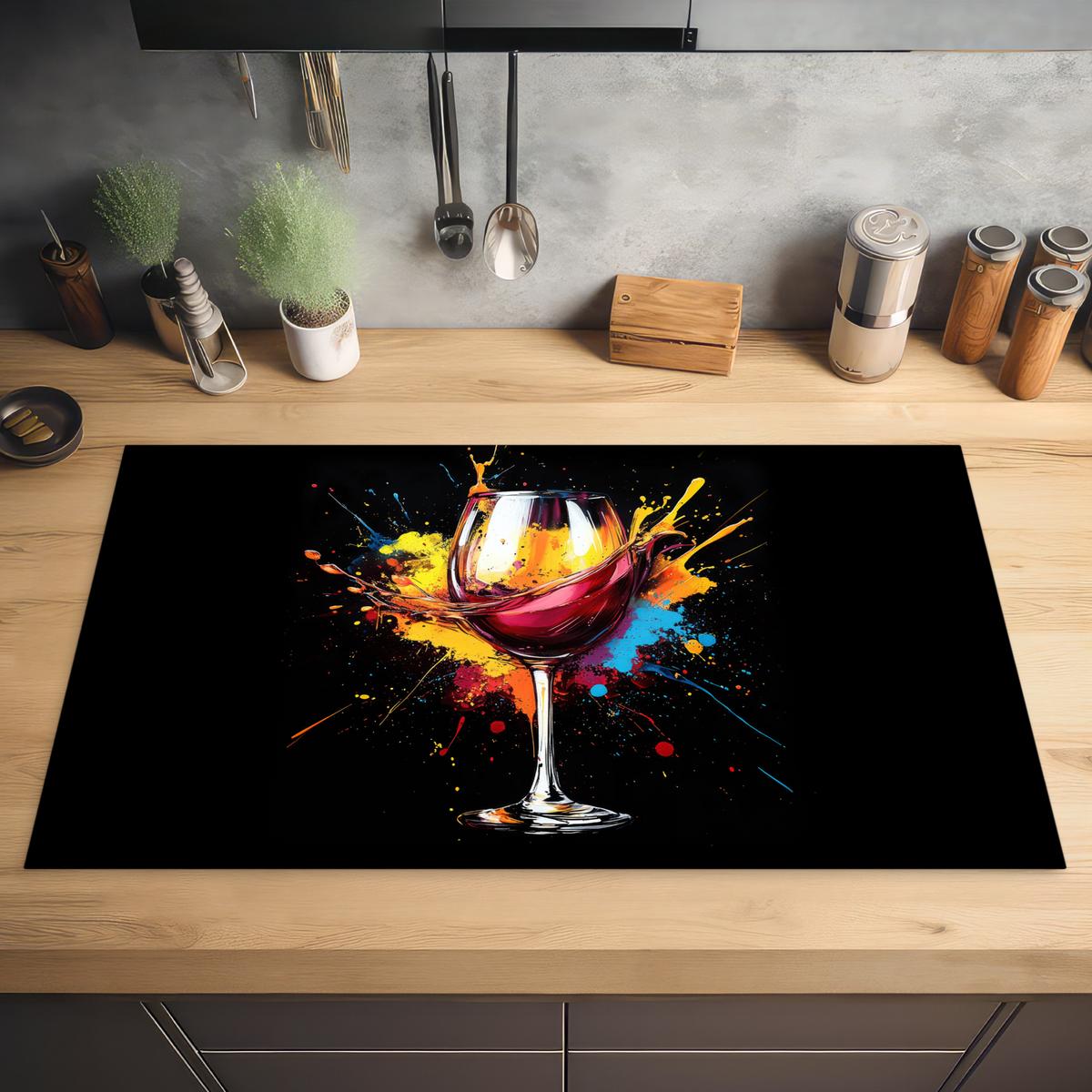 HERDABDECKPLATTE Wein - Glas - Graffiti - Getränk - Rot - Farbe Induktionsschutz 89.6x51.6 cm - Weinrot, Kunststoff (89.6/51.6/0.2cm) - MuchoWow