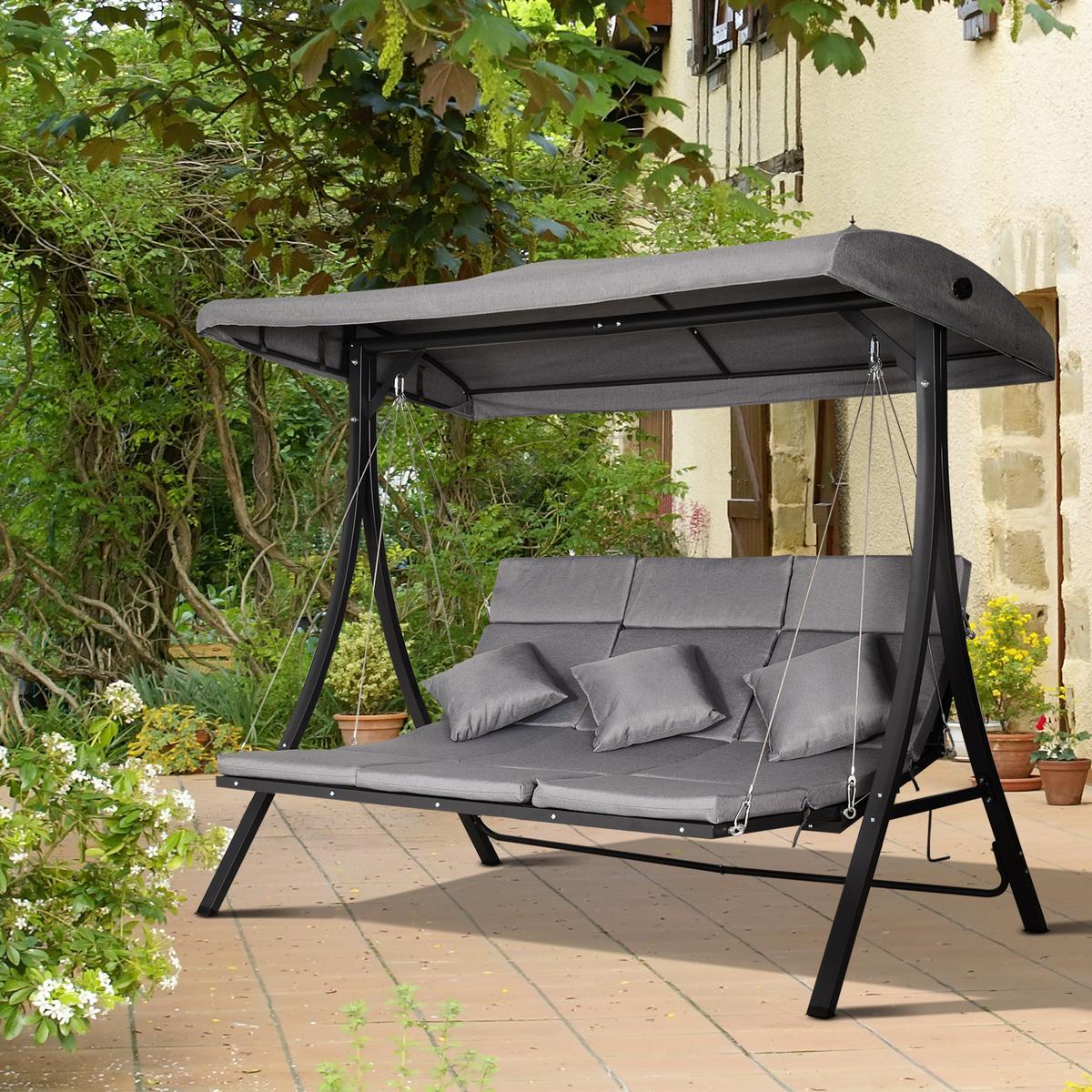 HOLLYWOODSCHAUKEL, mit Sonnendach,Metall, Texteline, Grau, 200 x 115 x 168 cm - Grau, Metall (115/168/200cm) - Outsunny