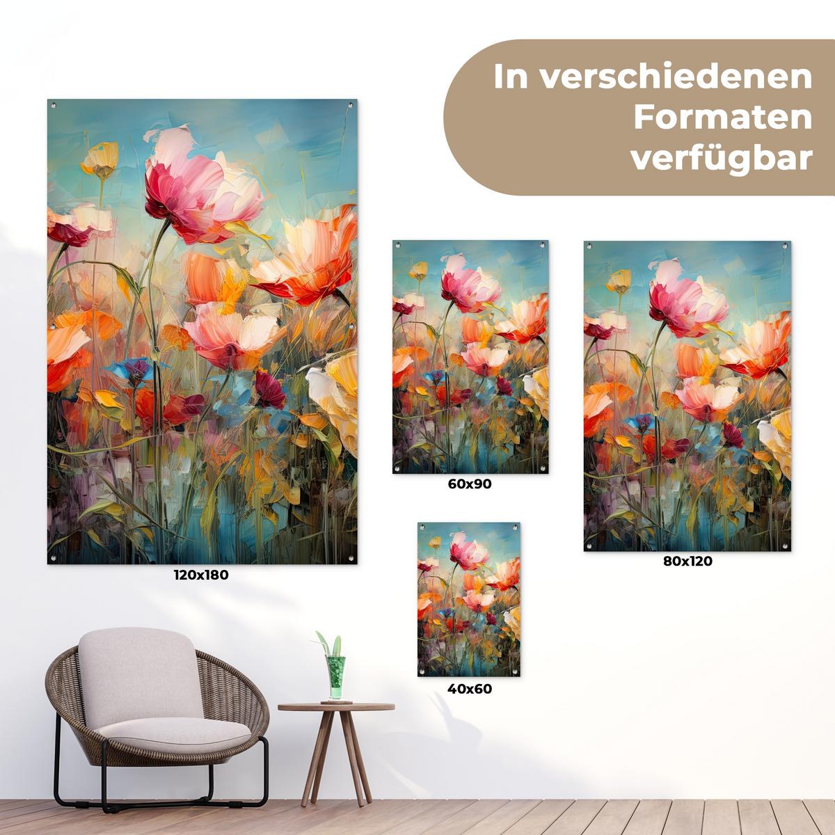 GARTENPOSTER Blumen - Aquarell - Kunst - Botanisch - Natur Bild 120x180 cm - Orange, Kunststoff (120/180/0.2cm) - OnlyWow
