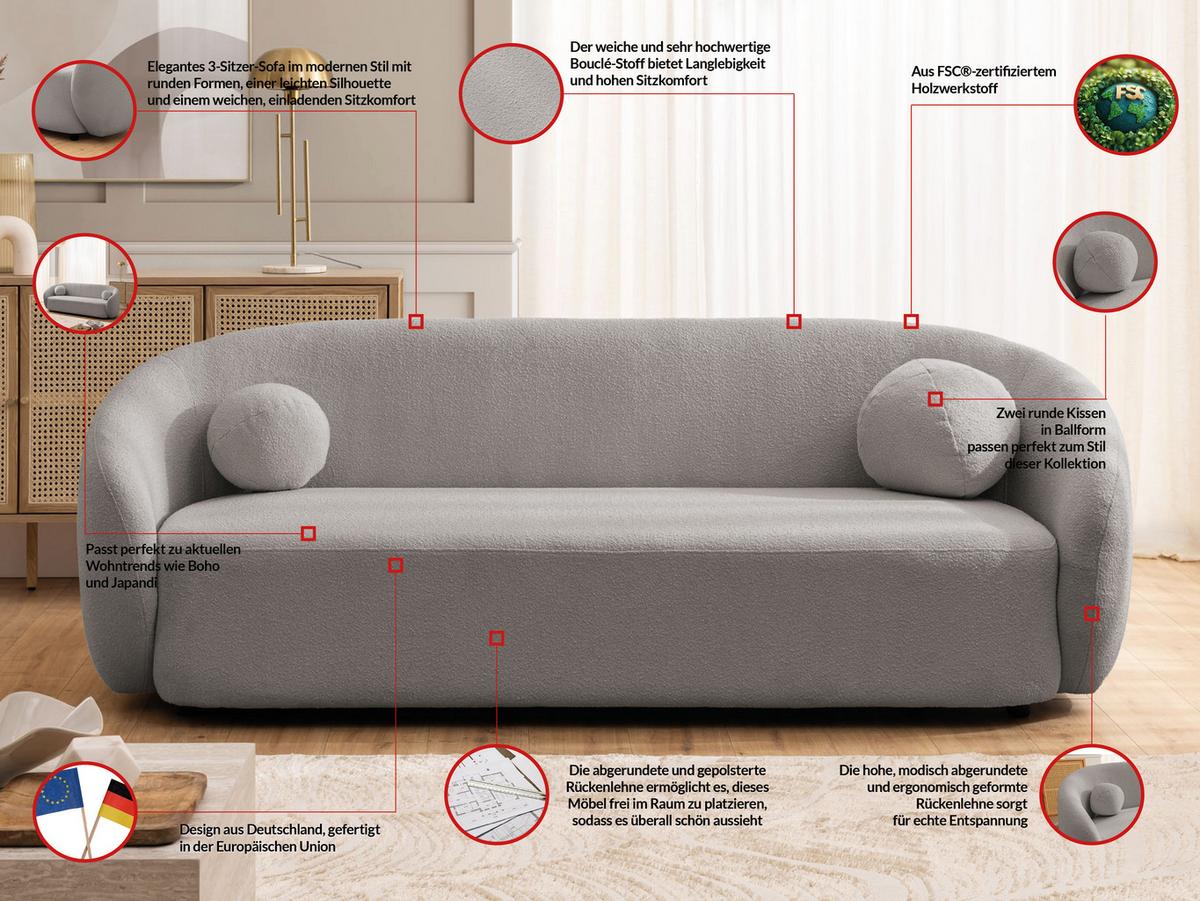 3-SITZER-SOFA Roundi Grau Bouclé - Schwarz/Grau, Holz/Kunststoff (208/76/80cm) - S-Style Möbel