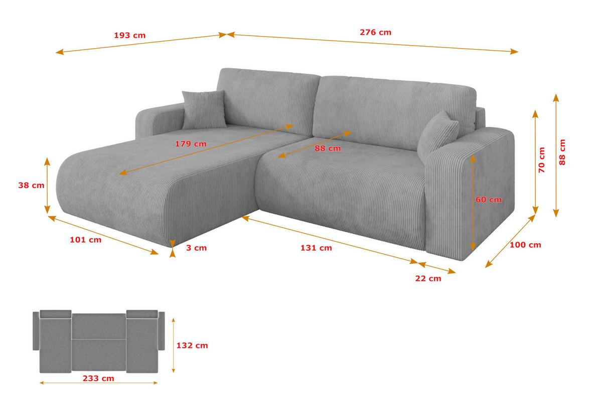 ECKSOFA mit Schlaffunktion Ottomane Links BERY-L 276x193x88 Grau Cord - Schwarz/Grau, Holzwerkstoff/Kunststoff (276/193cm) - ALTDECOR