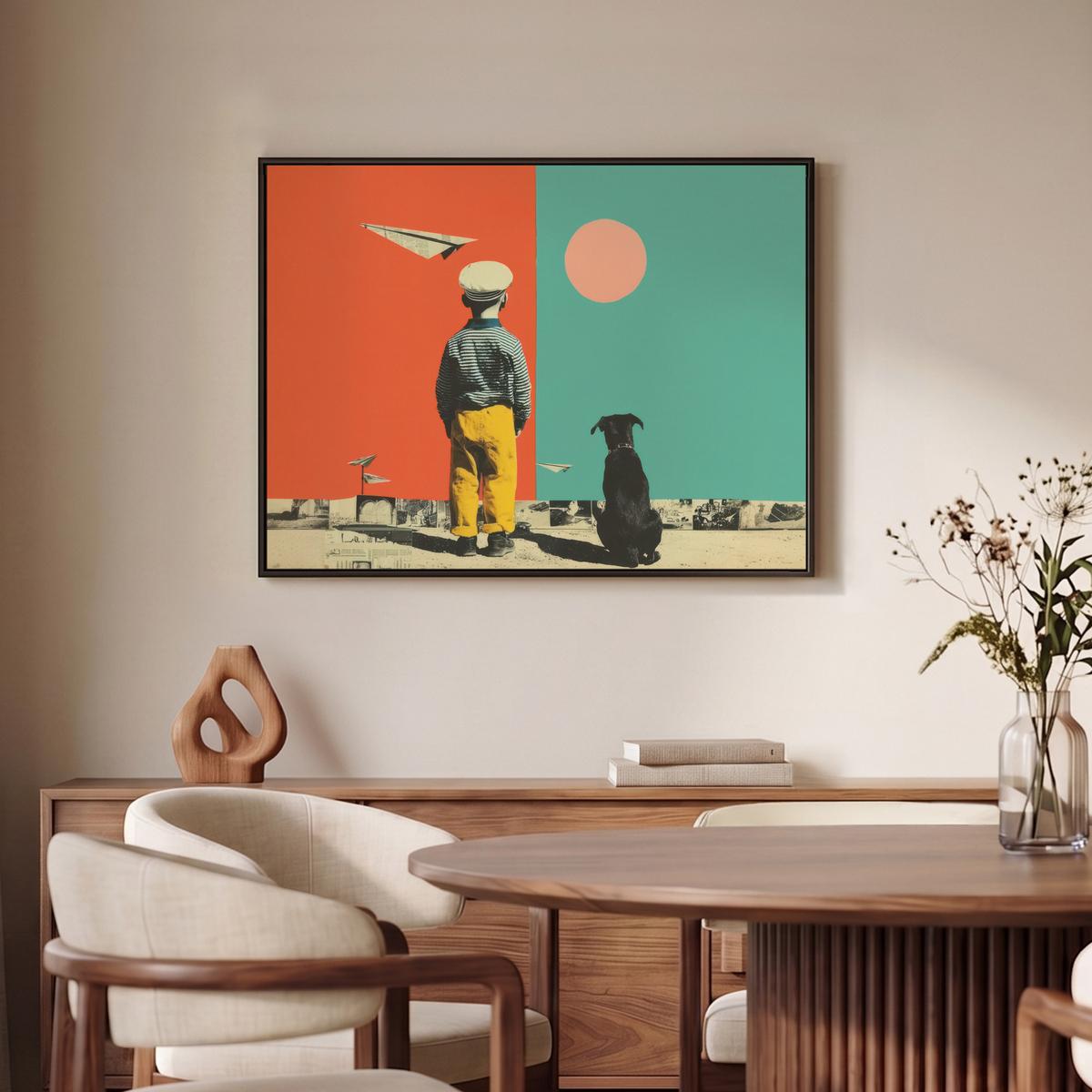 LEINWAND Bilder mit Rahmen - Retro - Junge - Hund - Rot - Grün - 80x60 - Orange, Textil (80/60cm) - MuchoWow