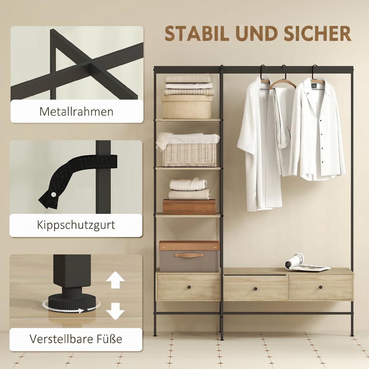 GARDEROBENSTÄNDER Metall Spanplatte Eiche - Eichefarben, Metall (48/180/135cm) - HOMCOM