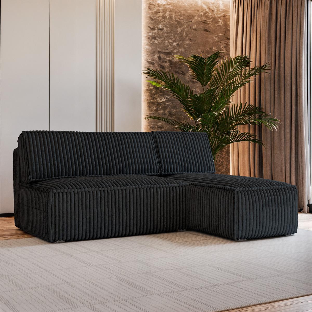 ECKSOFA BRISO T Schwarz Kordstoff mit Schlaffunktion - Schwarz/Grau, Holz/Kunststoff (200/140cm) - MASSENO