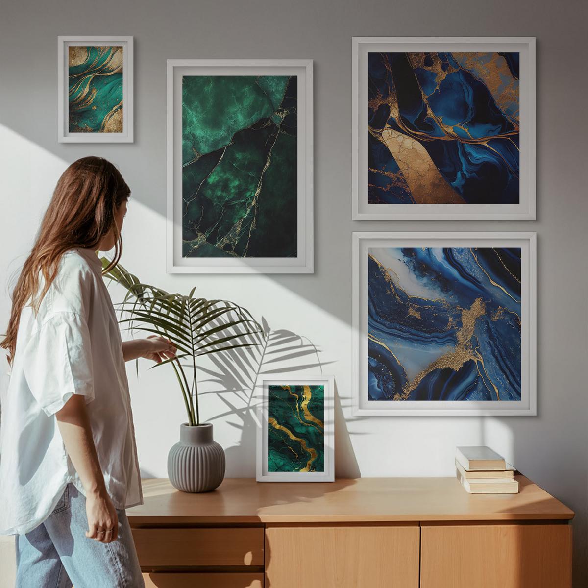BILDER SET 5er Set - 50x50 cm & 20x30 cm & 40x60 cm Weißer Rahmen - Blumen, heller Hintergrund, Marmormuster - Weiß, Kunststoff (40/60cm) - TULUP