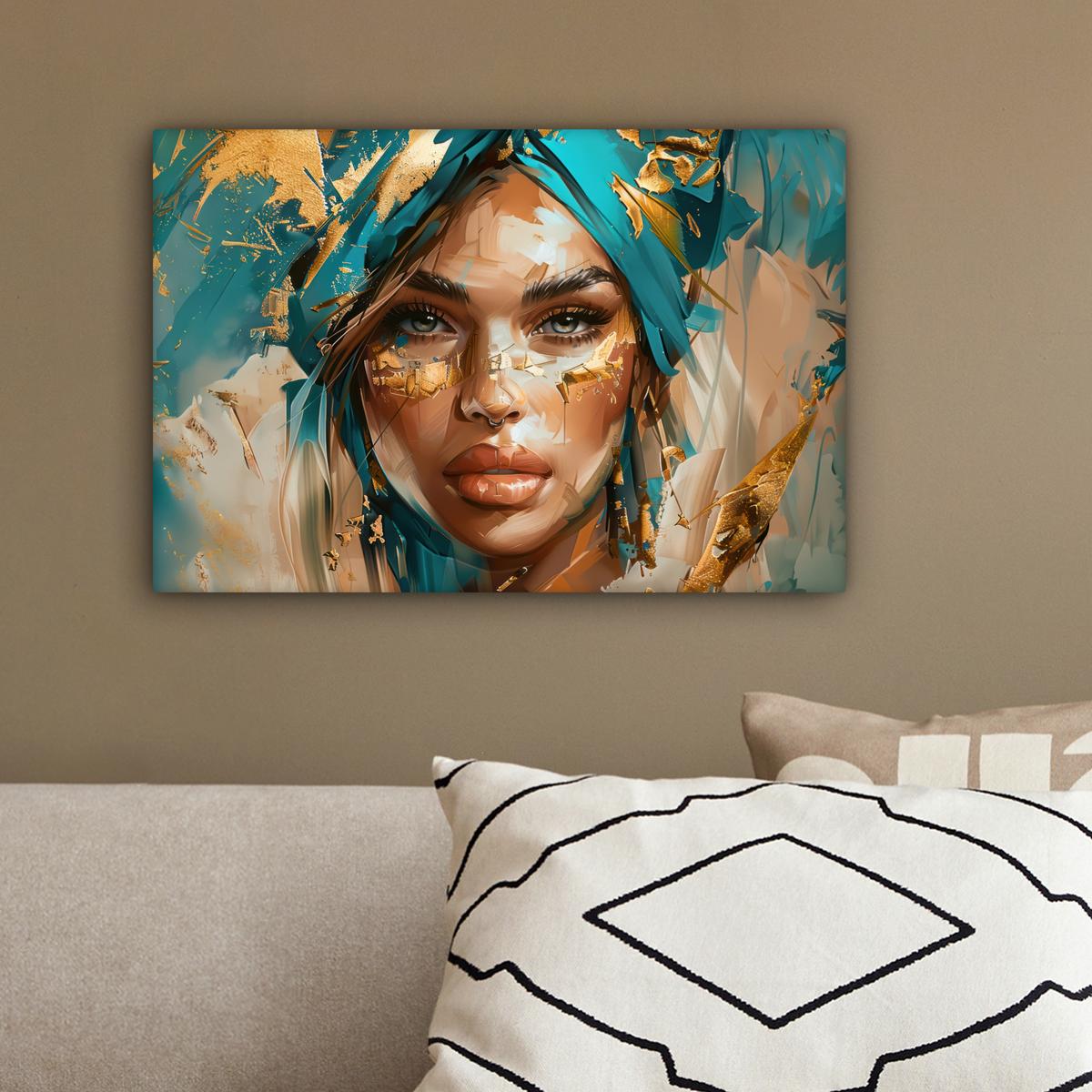LEINWANDBILD Frau - Porträt - Gold - Luxus - Blau Deko Schlafzimmer 30x20 cm - Türkis, Textil (30/20cm) - MuchoWow