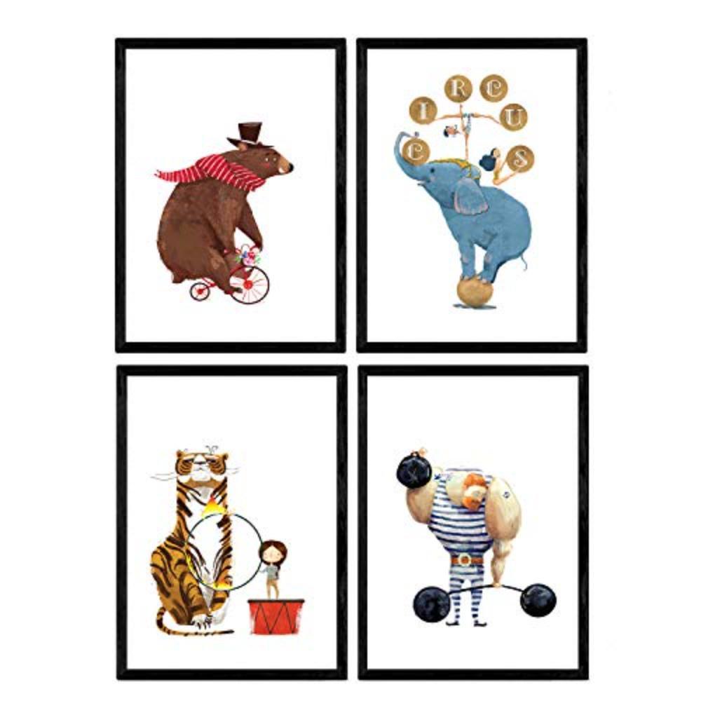 POSTER Set mit 4 Circus Strongman Bär Fahrrad acrobata und leon Elefant A3 Rahmenlos - Klar, Papier (29.7/3cm) - Nacnic