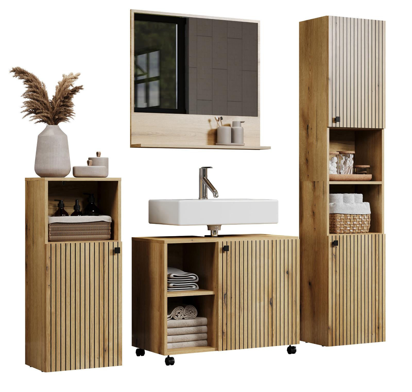 BADMÖBEL-SET Evoke Eiche 4-teilig 180 x 190 cm, Badkombination mit viel Stauraum - Eichefarben/Schwarz, Glas/Holzwerkstoff (40/190/180cm) - Top.Furn