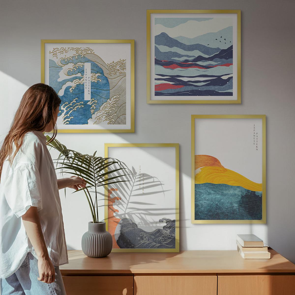 BILDER SET 4er Set - 50x50 cm & 40x60 cm Goldrahmen - Wellen – Japanische Kunstgrafik - Goldfarben, Kunststoff (50/50cm) - TULUP