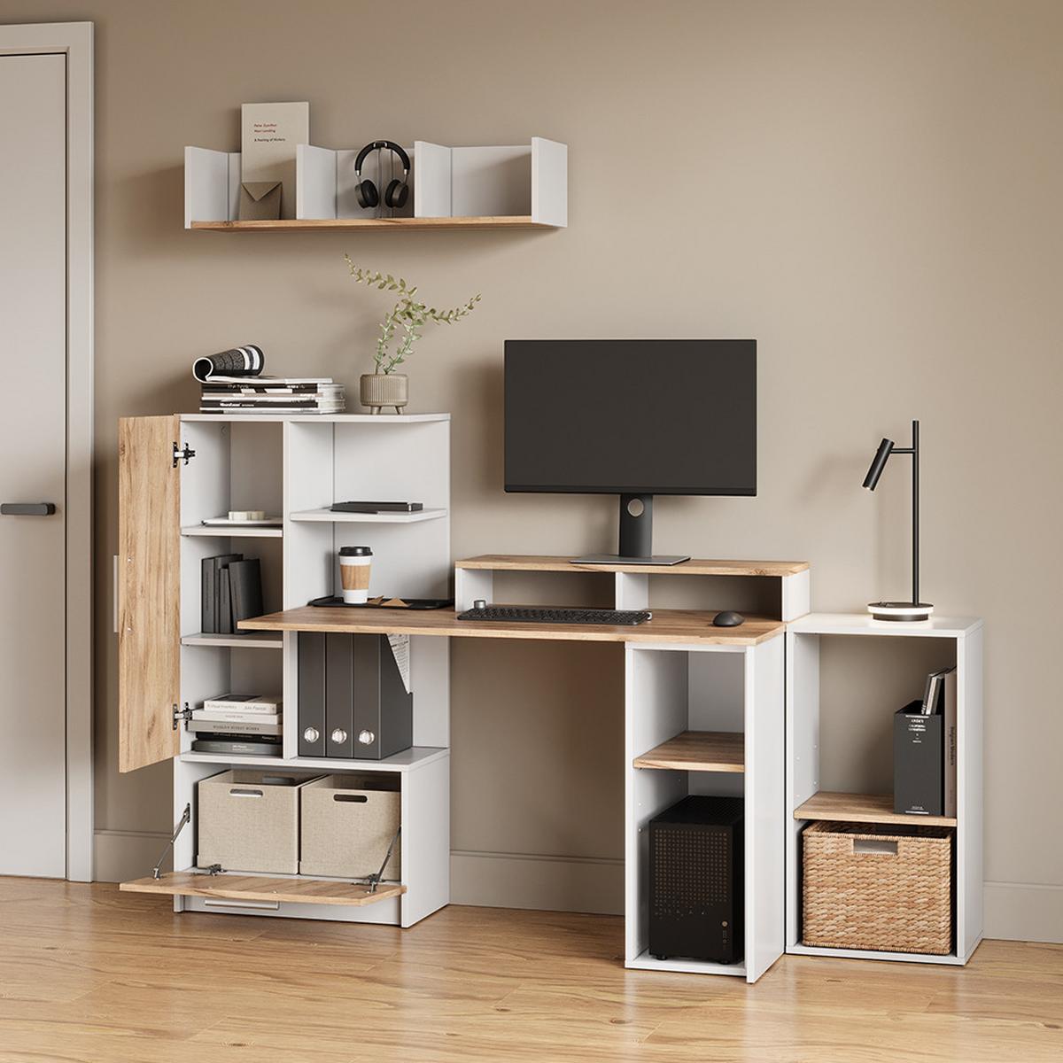 PC-SCHRANK Lorena Weiß/Goldkraft Eiche 28.5 x 72 cm mit 2 Fächern - Honigeiche/Weiß, Holzwerkstoff (28.5/72/50cm) - Livinity®