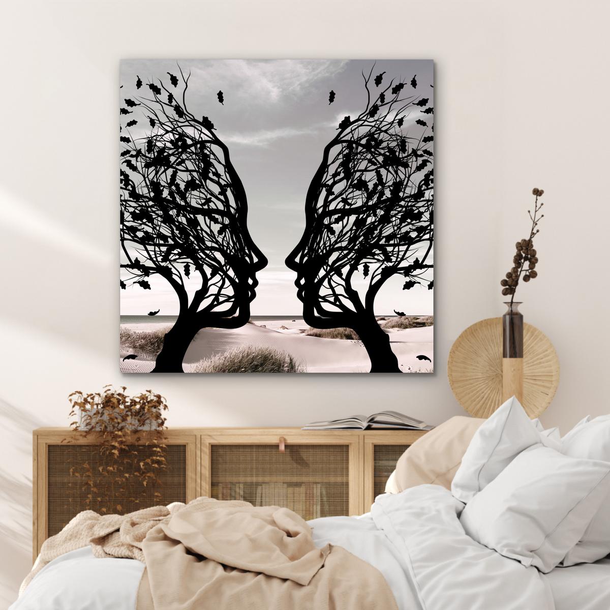 METALLBILD Strand - Meer - Menschen - Baum - Moderne Kunst 90x90 cm - Hellgrau, Metall (90/90cm) - MuchoWow
