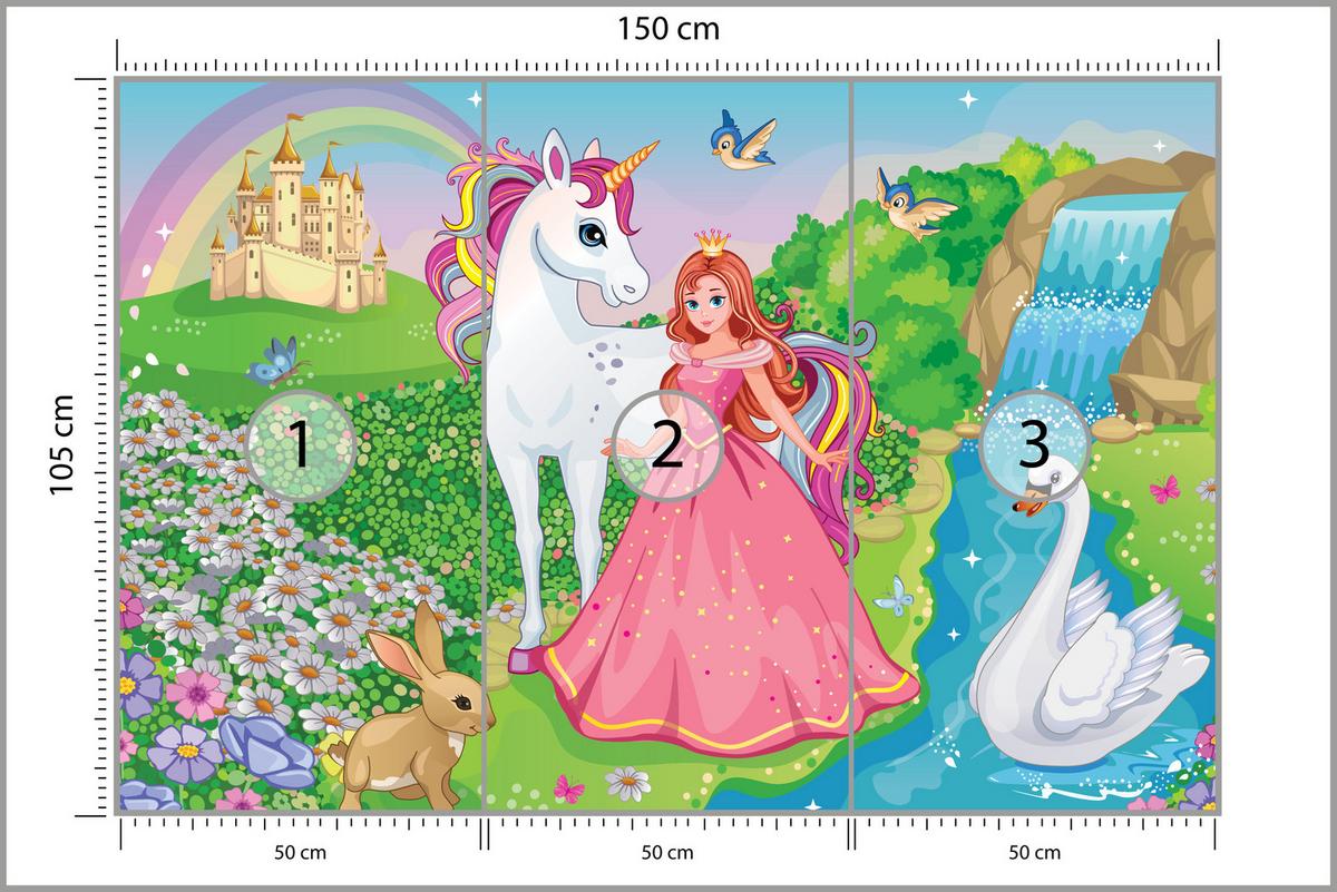 FOTOTAPETE für Kinderzimmer Prinzessin Einhorn Schloss Wasserfall Blumen 150x105 - Blau/Gelb, Papier (150/105cm) - Muralo